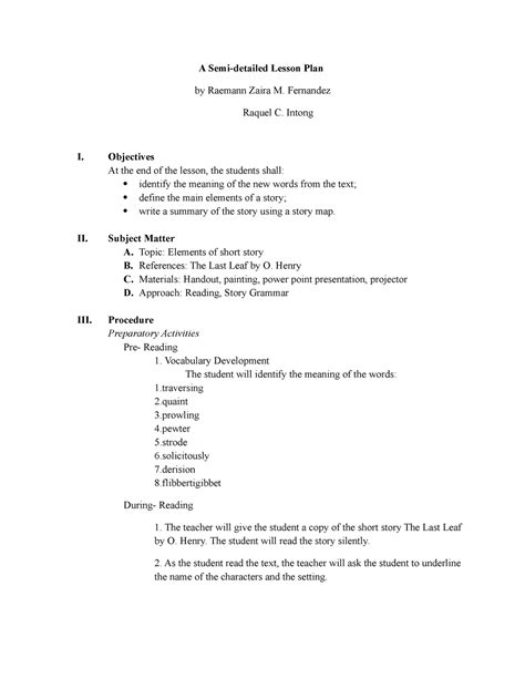 Lesson Plan Semi Detailed A Semi Detailed Lesson Plan By Raemann