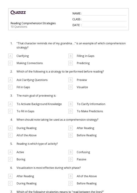 Reading Comprehension Strategies Worksheets For Th Grade On