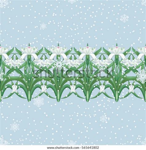 Border Snowdrop Flowers Snowflakes On Backdrop Stock Vector Royalty