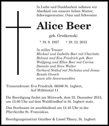 Traueranzeigen Von Alice Beer Saarbruecker Zeitung Trauer De