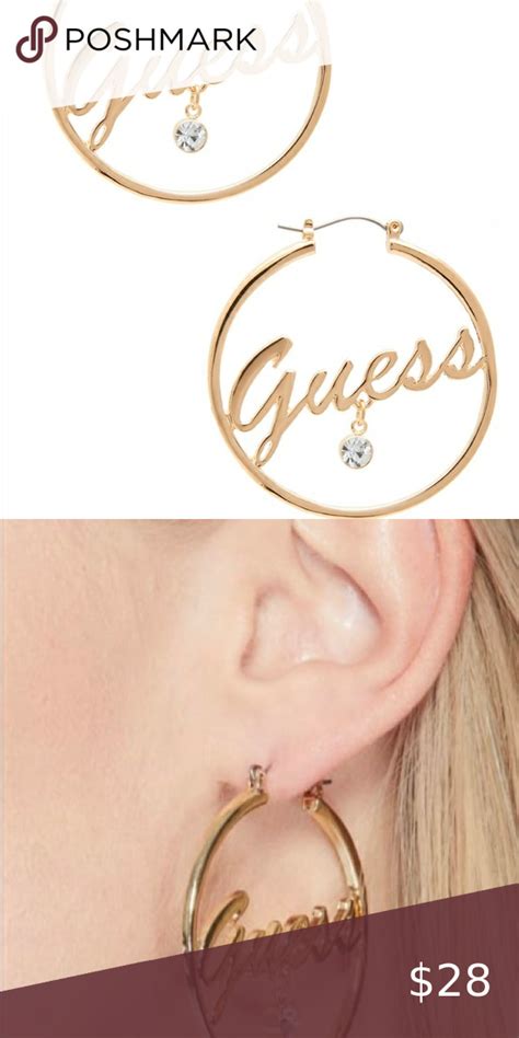 Guess Logo Gold Tone Hoop Rhinestone Earring Rhinestone Earrings Earrings Gold Tones