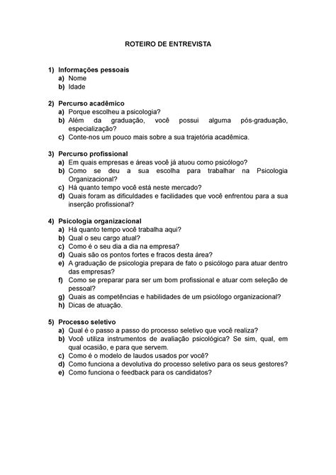 Roteiro De Entrevista Psicologia Organizacional Roteiro De