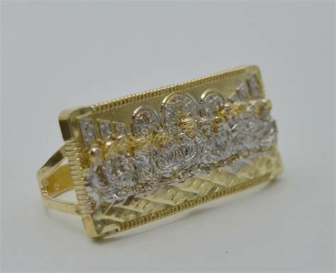 10k Solid Yellow Gold Mens Last Supper Two Finger Ring Etsy