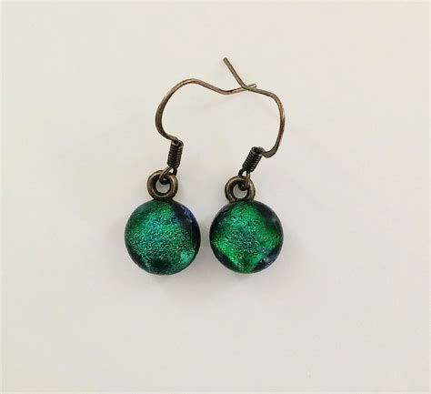 Green Dichroic Dangle Earrings Dichroic Fused Glass Earrings Etsy