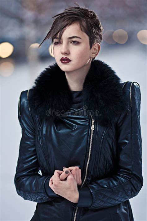 Brunette Woman In Black Coat Stock Image Image Of Graceful Girl