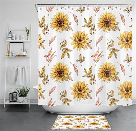 INPERCUST Nature Inspired Watercolor Leaf And Sunflower Shower Curtain