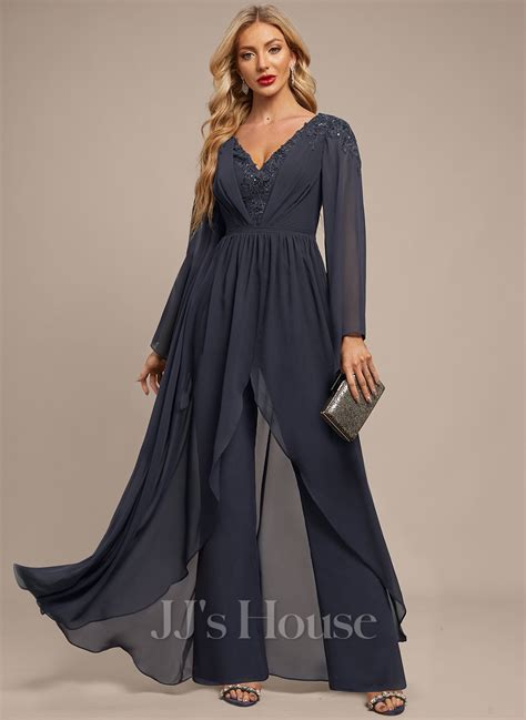 Jumpsuit Pantsuit Separates V Neck Floor Length Chiffon Evening Dress