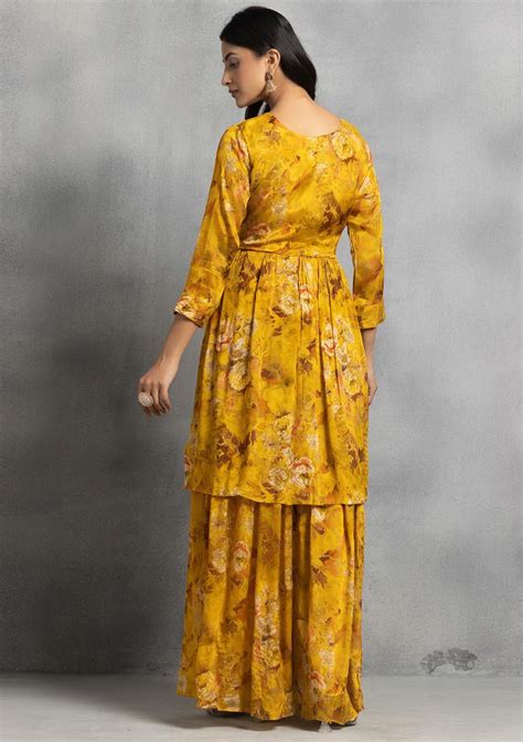 Buy Women Mustard Floral Print Hand Embellished Kurta Set With Sharara