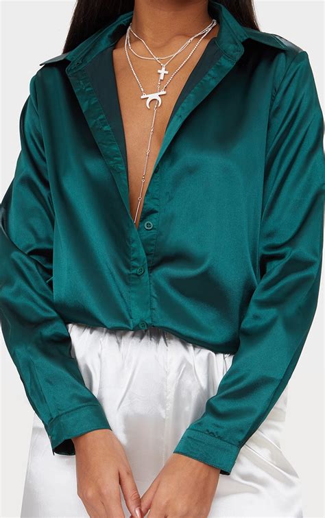 Emerald Green Satin Button Front Shirt Prettylittlething Usa