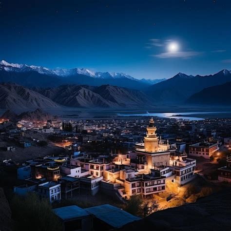 Premium AI Image | aerial night view with moon of leh city from leh ...