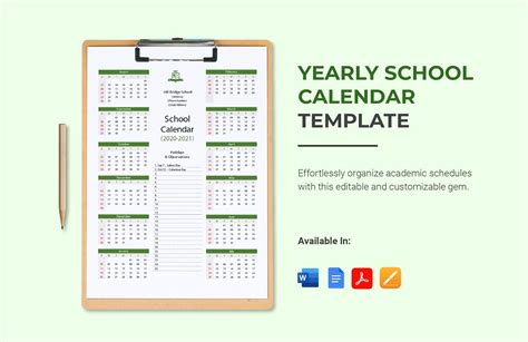 Yearly School Calendar Template in Word, Pages, Google Docs, PDF ...