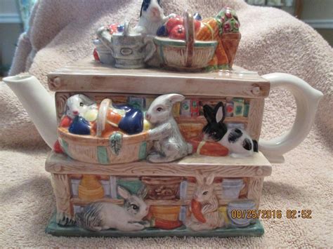 Omnibus By Fitz And Floyd Hand Painted Garden Shed Teapot Rabbits