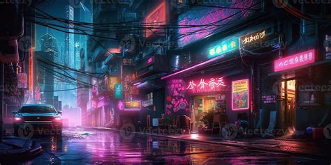 Night Scene Of After Rain City In Cyberpunk Style Futuristic