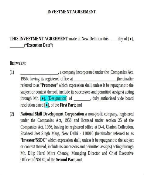 Free Investment Agreement Template Word Printable Word Searches