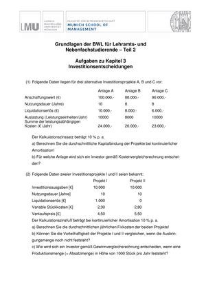 Aufgaben Blatt zu 2 Übung Grundlagen der BWL für Lehramts und