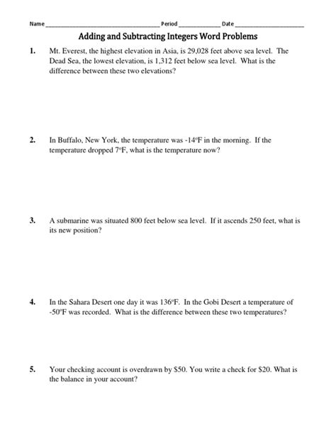 Adding And Subtracting Integers Word Problems Worksheet