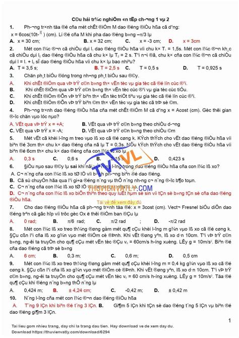 [doc] Câu Hỏi Trắc Nghiệm ôn Tập Chương 1 Và 2 Vl12 Thư Viện Vật Lý