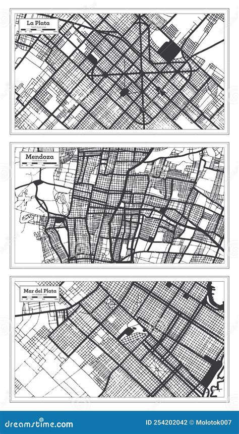 Mapa Mendoza Mar Del Plata Y La Plata Argentina En Color Blanco Y Negro