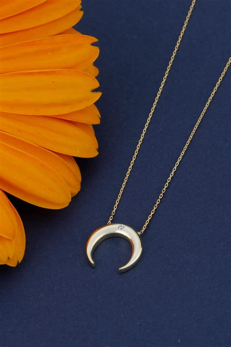 10k 14k 18k Solid Gold Diamond Crescent Moon Necklace Minimalist