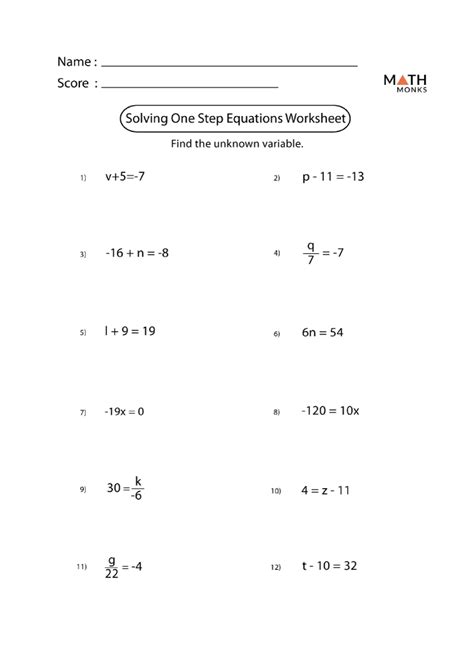 Math Worksheets One Step Equations