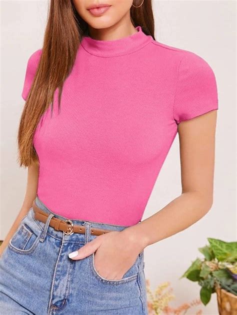 Ribbed Knit Mock Neck Crop Top Cap Sleeve Fuchsia Nileton