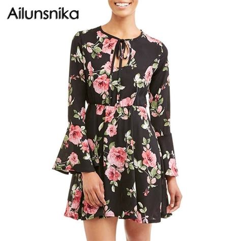 Ailunsnika Women Floral Print Dress 2018 Spring Summe Deep V Neck Long