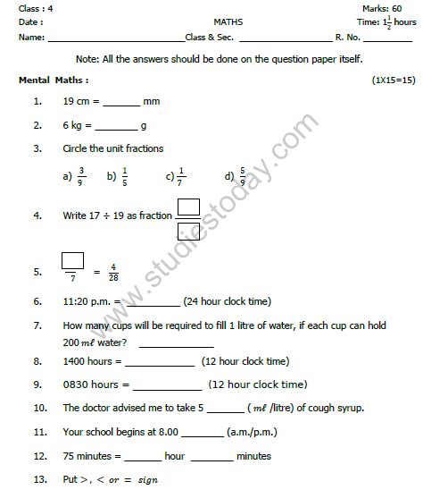 Cbse Class 4 Mathematics Sample Paper Set E