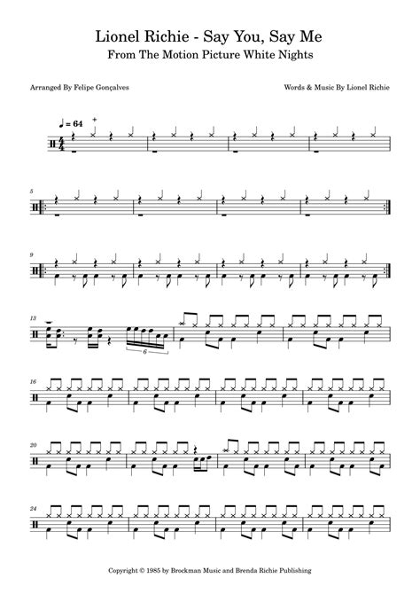 Say You Say Me Arr Felipe Gonçalves Sheet Music Lionel Richie Drums