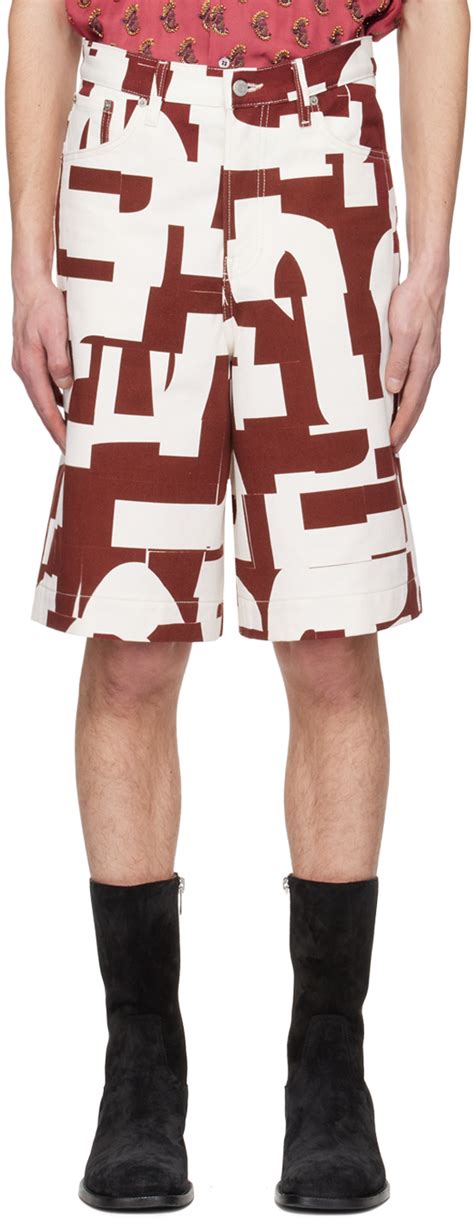 Burgundy & White Denim Shorts by Dries Van Noten on Sale