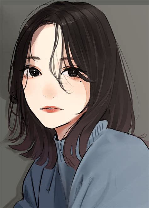 Safebooru 1girl Blue Shirt Bob Cut Brown Eyes Brown Hair Grey