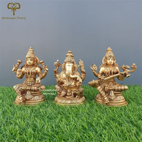 Brass Laxmi Ganesh Saraswati Statue 13CM Big Lakshmi Ganesha Sarasvati