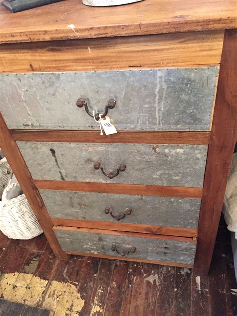 Dresser With Distressed Metal Sheeting On Drawer Fronts Dresser