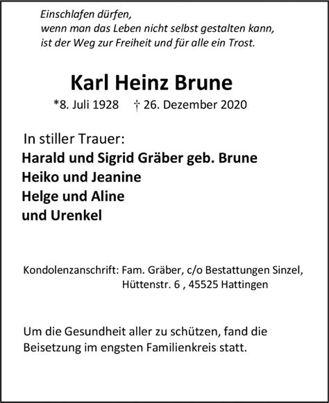 Traueranzeigen Von Karl Heinz Brune Trauer In Nrw De