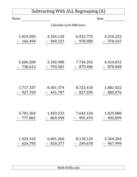 The Subtracting 6 Digit Numbers With All Regrouping With Comma Separated Thousands A Math