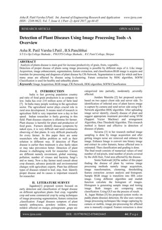 Detection Of Plant Diseases Using Image Processing Tools A Overview Pdf