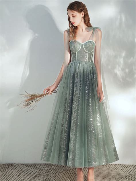 Green A Line Tulle Lace Tea Length Prom Dress Green Evening Dress On