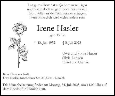 Traueranzeigen Von Irene Hasler Aachen Gedenkt