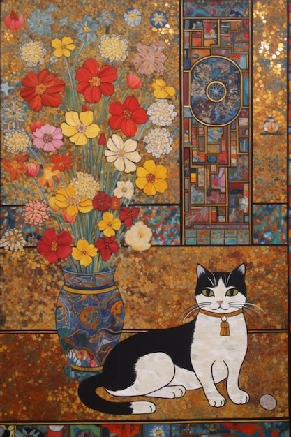 Una pintura de un gato y un jarrón de flores con el número 8 Foto