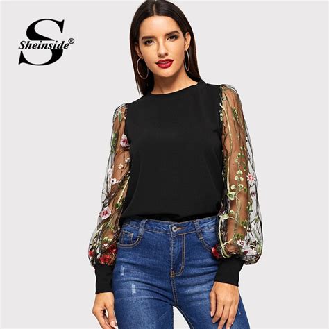 Buy Sheinside Black Embroidered Flower Sheer Mesh Top