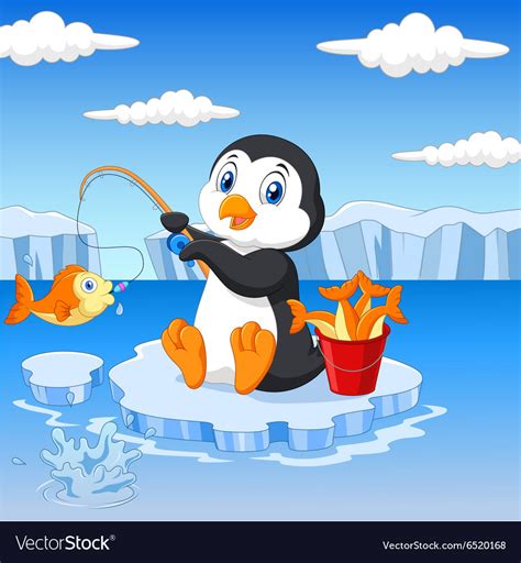 Cartoon Penguin Fishing On The Ice Royalty Free Vector Image