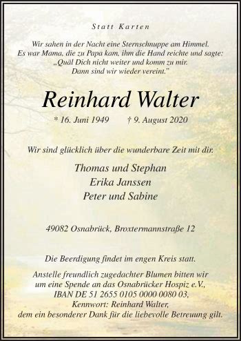 Traueranzeigen Von Reinhard Walter Noz Trauerportal