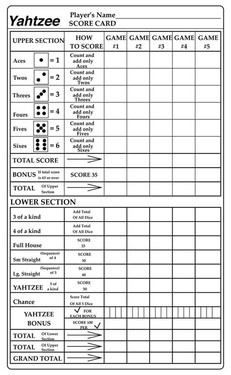 Yahtzee Printable Sheet