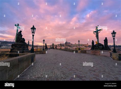 Charles Bridge Prague Czech Republic Colorful Sunrise On The Charles