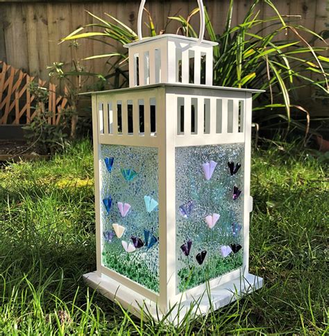 Handmade Fused Glass Lantern Lilac And Blue Flowers Indoor Etsy Uk Glass Lantern Fused