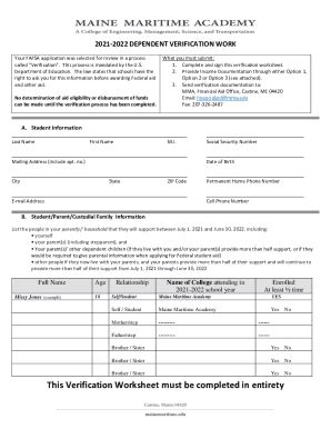 Fillable Online Dependent Verification Worksheet Dependent