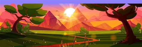 Cartoon nature landscape sunset background Vector Image