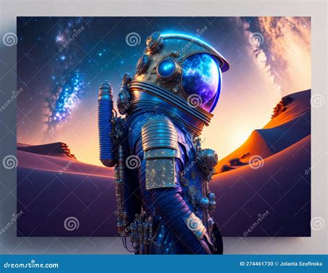 Steampunk Spaceman In A Desert View From Profile Nighttime Blue