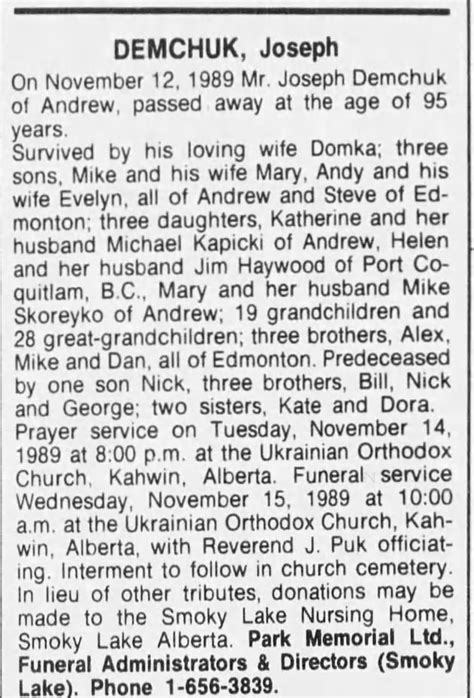 Obituary For Joseph Demchuk Aged 95 ™