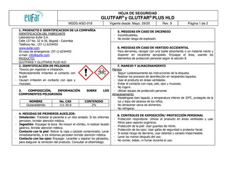 Msds Glutfar Acido Hds Glutaraldehido Hoja De Seguridad Glutfar Y