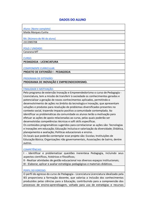 Projeto De Extens O I Dados Do Aluno Aluno Nome Completo Maida